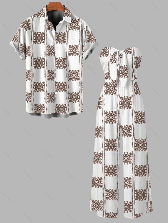 Vintage Couple Outfit Ethnic Geometric Print Bowknot Pocket Off the Shoulder Jumpsuit and Shirt Set - Brun S | US 4