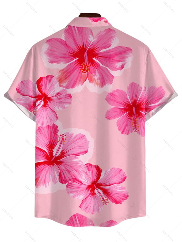 Vacation Couple Outfit Hibiscus Floral Print Spaghetti Strap Maxi Bodycon Dress and Shirt Set - Rose S | US 4