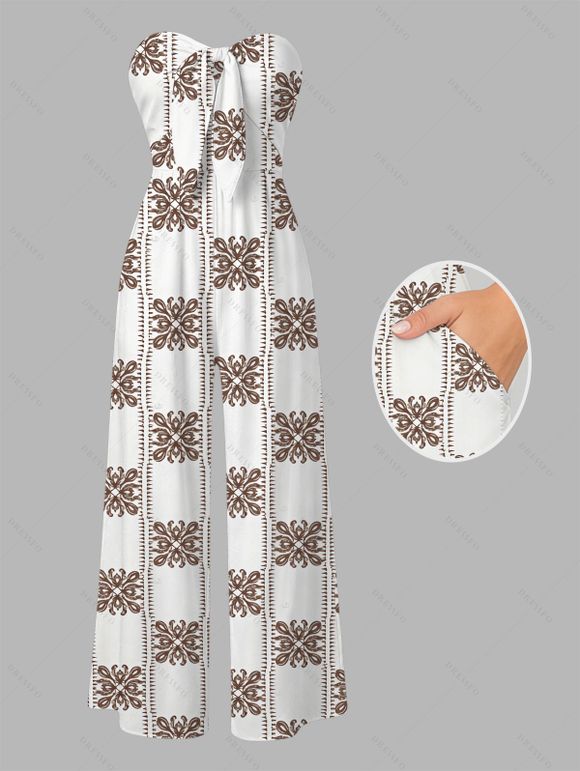 Vintage Couple Outfit Ethnic Geometric Print Bowknot Pocket Off the Shoulder Jumpsuit and Shirt Set - Brun S | US 4