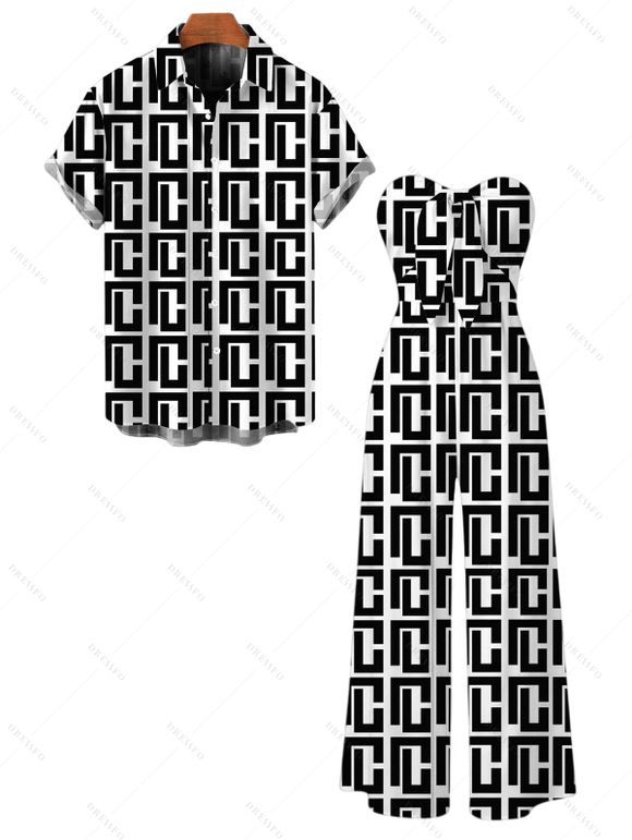 Vintage Couple Outfit Monochrome Maze Interlocking Hui Scroll Geometric Print Bowknot Pocket Off the Shoulder Jumpsuit and Shirt Set - Noir S | US 4