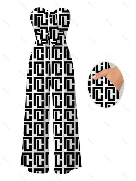 Vintage Couple Outfit Monochrome Maze Interlocking Hui Scroll Geometric Print Bowknot Pocket Off the Shoulder Jumpsuit and Shirt Set - Noir S | US 4