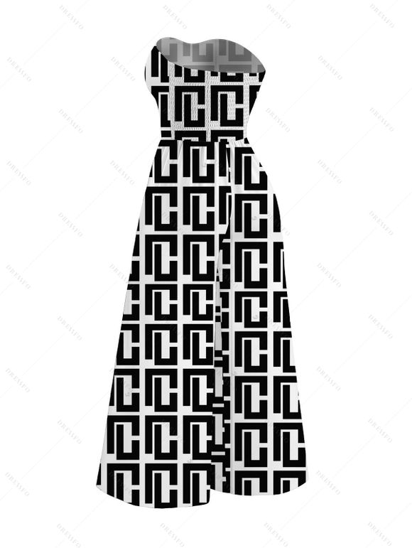 Vintage Couple Outfit Monochrome Maze Interlocking Hui Scroll Geometric Print Bowknot Pocket Off the Shoulder Jumpsuit and Shirt Set - Noir S | US 4