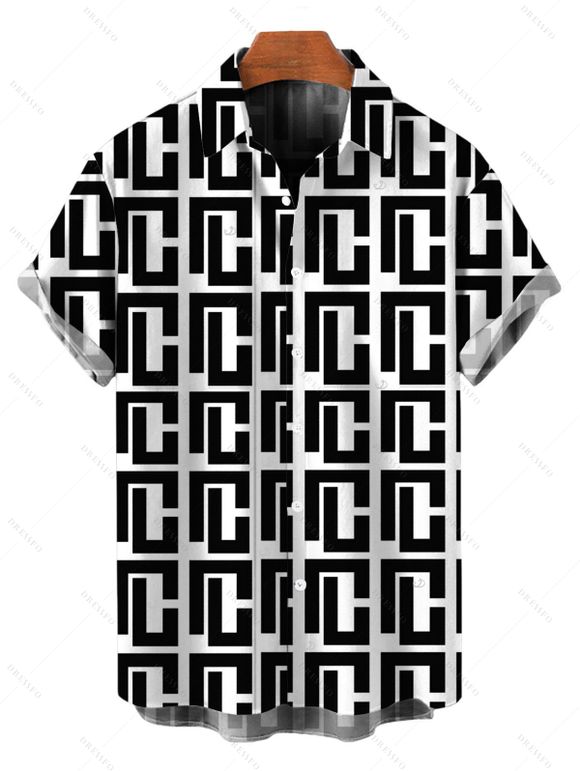 Vintage Couple Outfit Monochrome Maze Interlocking Hui Scroll Geometric Print Bowknot Pocket Off the Shoulder Jumpsuit and Shirt Set - Noir S | US 4