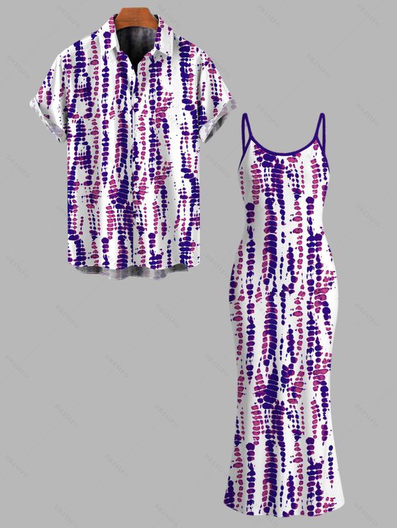 Vacation Couple Outfit Snake Skin Tie Dye Print Spaghetti Strap Maxi Bodycon Dress and Shirt Set - Pourpre S | US 4