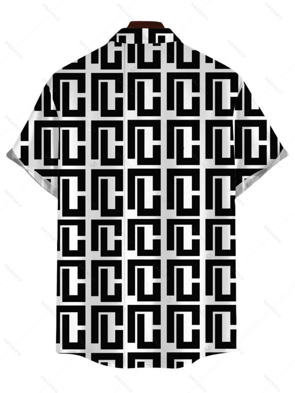 Vintage Couple Outfit Monochrome Maze Interlocking Hui Scroll Geometric Print Bowknot Pocket Off the Shoulder Jumpsuit and Shirt Set - Noir S | US 4