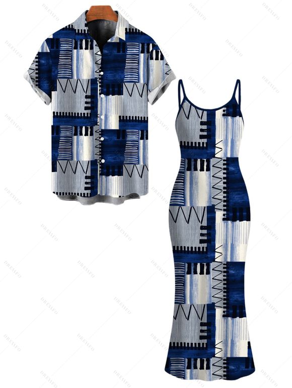 Vacation Couple Outfit Geometric Tribal Print Zig Zag Patchwork Print Spaghetti Strap Maxi Bodycon Dress and Shirt Set - Bleu S | US 4