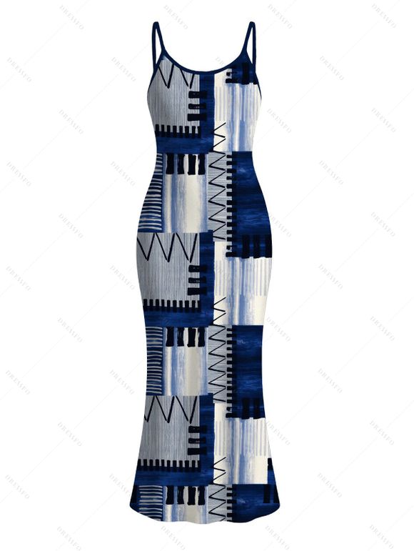 Vacation Couple Outfit Geometric Tribal Print Zig Zag Patchwork Print Spaghetti Strap Maxi Bodycon Dress and Shirt Set - Bleu S | US 4