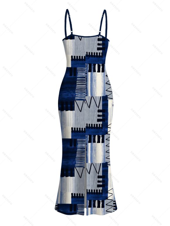 Vacation Couple Outfit Geometric Tribal Print Zig Zag Patchwork Print Spaghetti Strap Maxi Bodycon Dress and Shirt Set - Bleu S | US 4