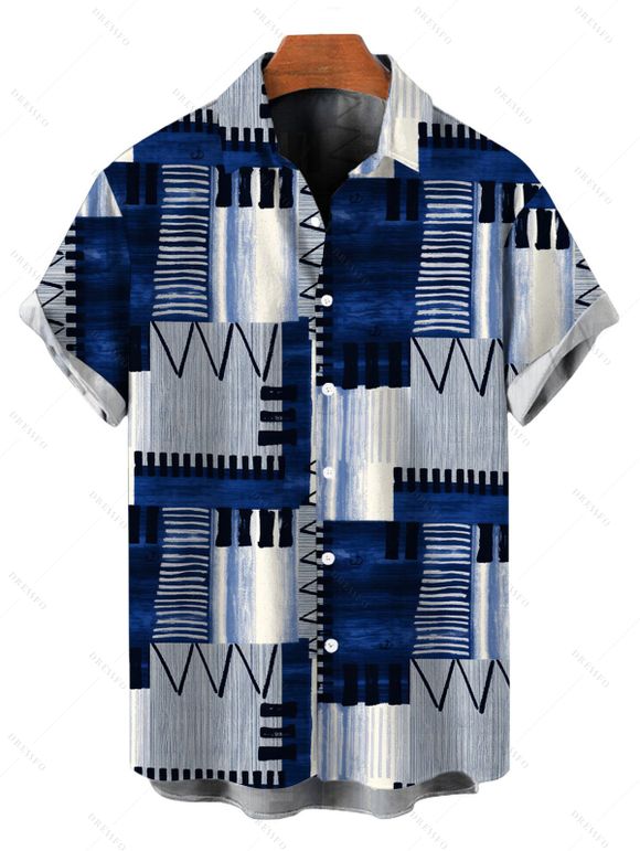 Vacation Couple Outfit Geometric Tribal Print Zig Zag Patchwork Print Spaghetti Strap Maxi Bodycon Dress and Shirt Set - Bleu S | US 4