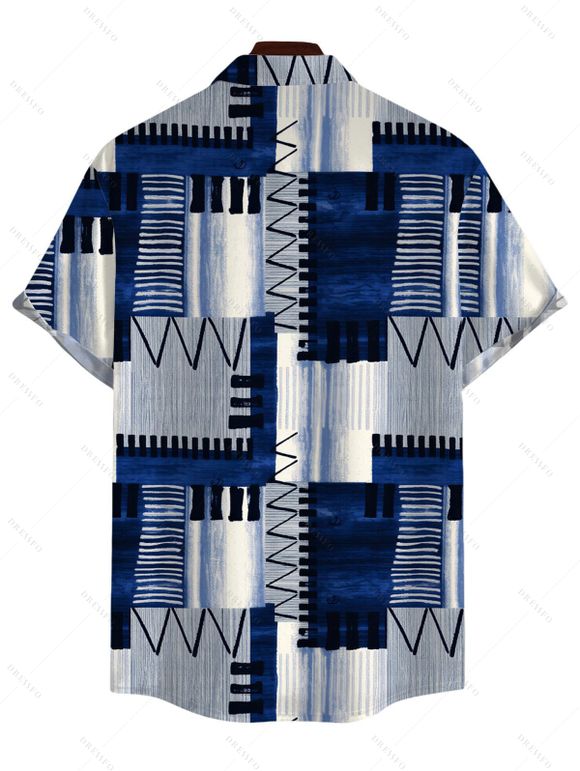 Vacation Couple Outfit Geometric Tribal Print Zig Zag Patchwork Print Spaghetti Strap Maxi Bodycon Dress and Shirt Set - Bleu S | US 4