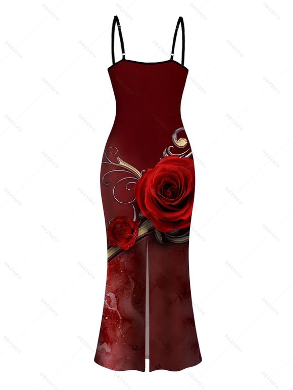 Vacation Dress Rose Floral Metallic Gold Scroll Vine Print Spaghetti Strap Maxi Bodycon Dress - Rouge Vineux XXL | US 14
