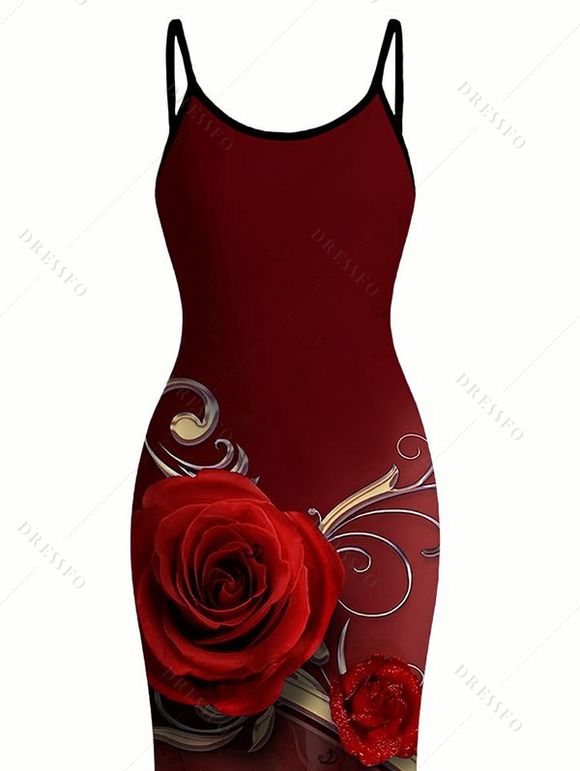 Vacation Dress Rose Floral Metallic Gold Scroll Vine Print Spaghetti Strap Maxi Bodycon Dress - Rouge Vineux XXL | US 14
