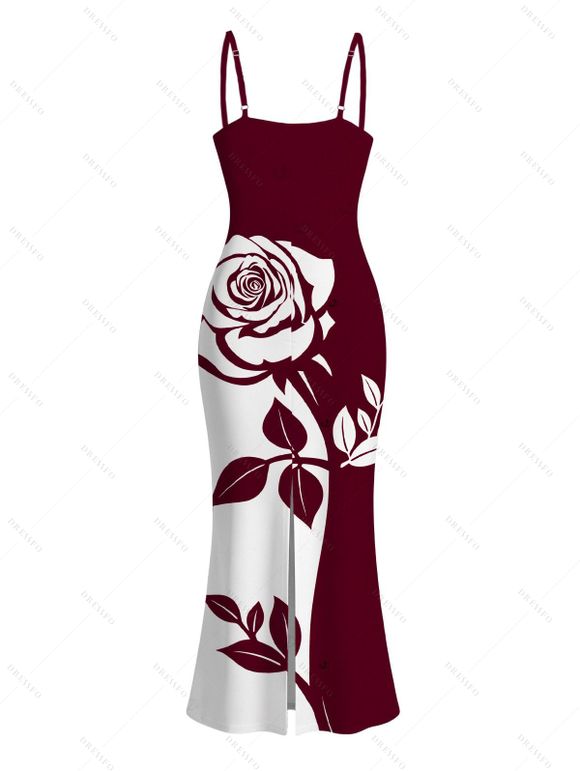 Vacation Dress Contract Color Rose Floral Print Spaghetti Strap Bodycon Dress - Rouge Vineux XXL | US 14