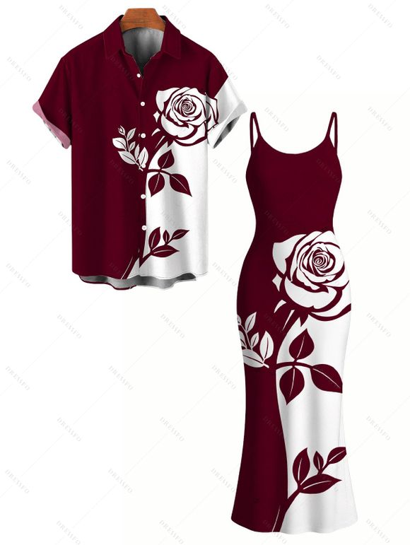 Hawaiian Vacation Couple Outfit Contract Color Rose Floral Print Spaghetti Strap Bodycon Dress and Shirt Set - Rouge Vineux S | US 4
