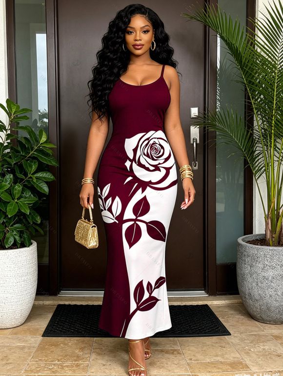 Hawaiian Vacation Couple Outfit Contract Color Rose Floral Print Spaghetti Strap Bodycon Dress and Shirt Set - Rouge Vineux S | US 4