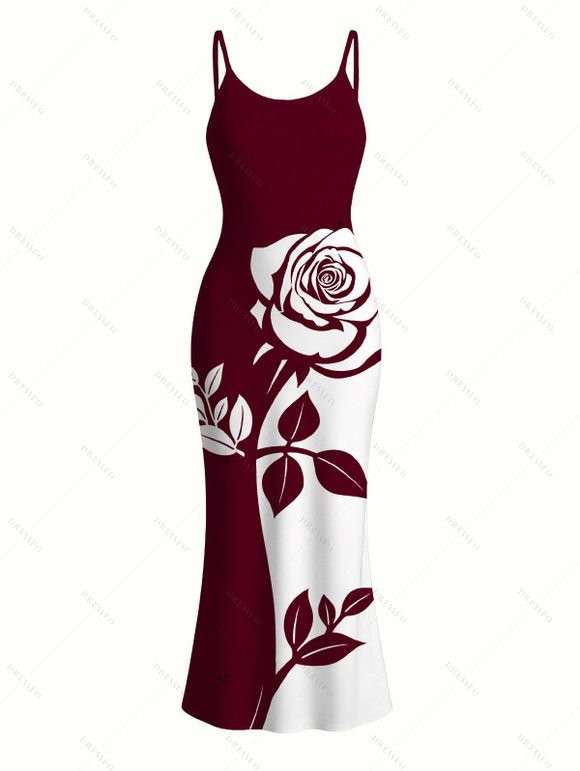 Hawaiian Vacation Couple Outfit Contract Color Rose Floral Print Spaghetti Strap Bodycon Dress and Shirt Set - Rouge Vineux S | US 4