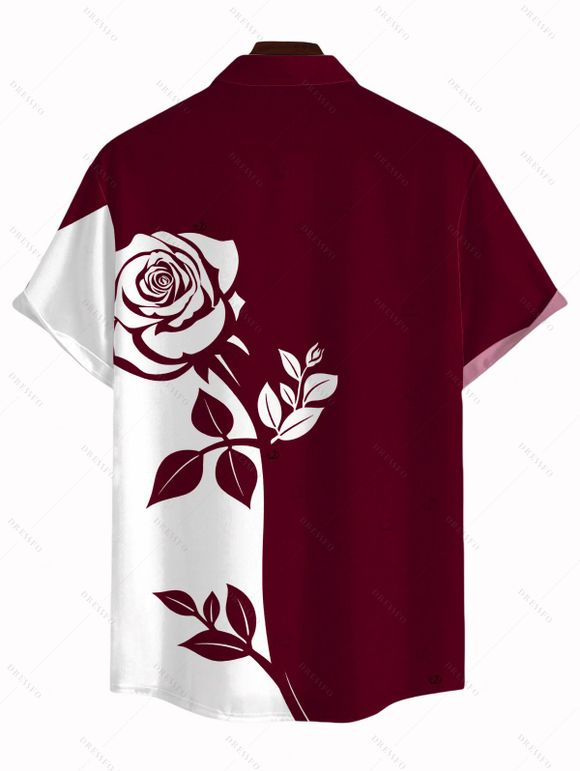 Hawaiian Vacation Couple Outfit Contract Color Rose Floral Print Spaghetti Strap Bodycon Dress and Shirt Set - Rouge Vineux S | US 4