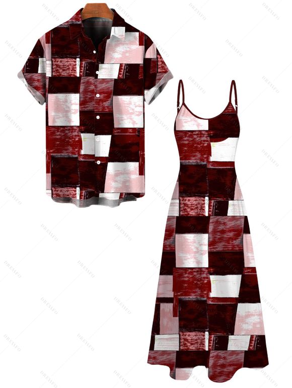 Vacation Couple Outfit Oil Painting Geometric Patchwork Print Pocket Spaghetti Strap Dress and Shirt Set - Rouge Vineux S | US 4