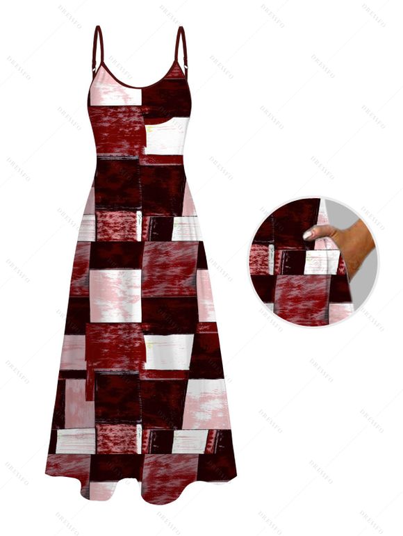 Vacation Couple Outfit Oil Painting Geometric Patchwork Print Pocket Spaghetti Strap Dress and Shirt Set - Rouge Vineux S | US 4