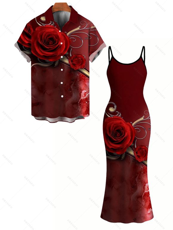 Vacation Couple Outfit Rose Floral Metallic Gold Scroll Vine Print Spaghetti Strap Maxi Bodycon Dress and Shirt Set - Rouge Vineux S | US 4