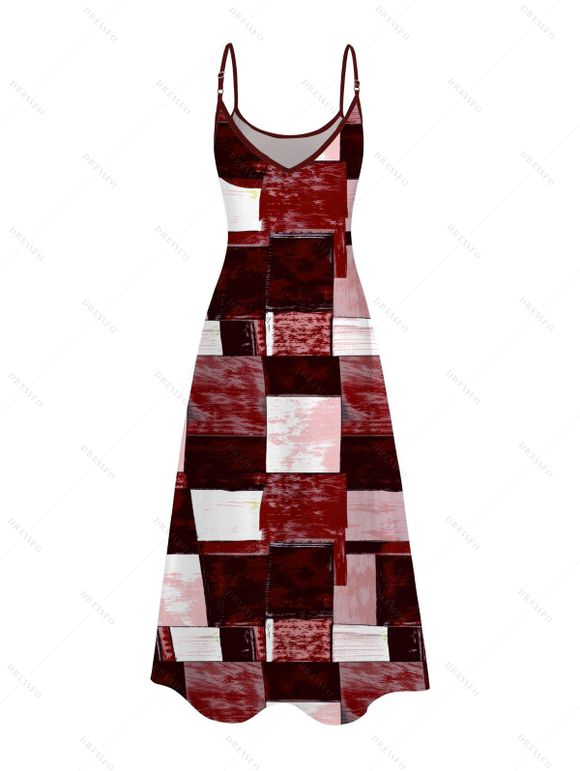 Vacation Couple Outfit Oil Painting Geometric Patchwork Print Pocket Spaghetti Strap Dress and Shirt Set - Rouge Vineux S | US 4