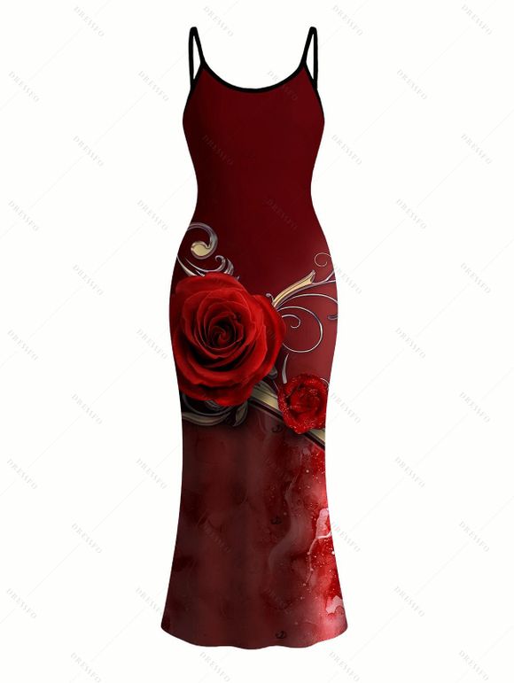 Vacation Couple Outfit Rose Floral Metallic Gold Scroll Vine Print Spaghetti Strap Maxi Bodycon Dress and Shirt Set - Rouge Vineux S | US 4