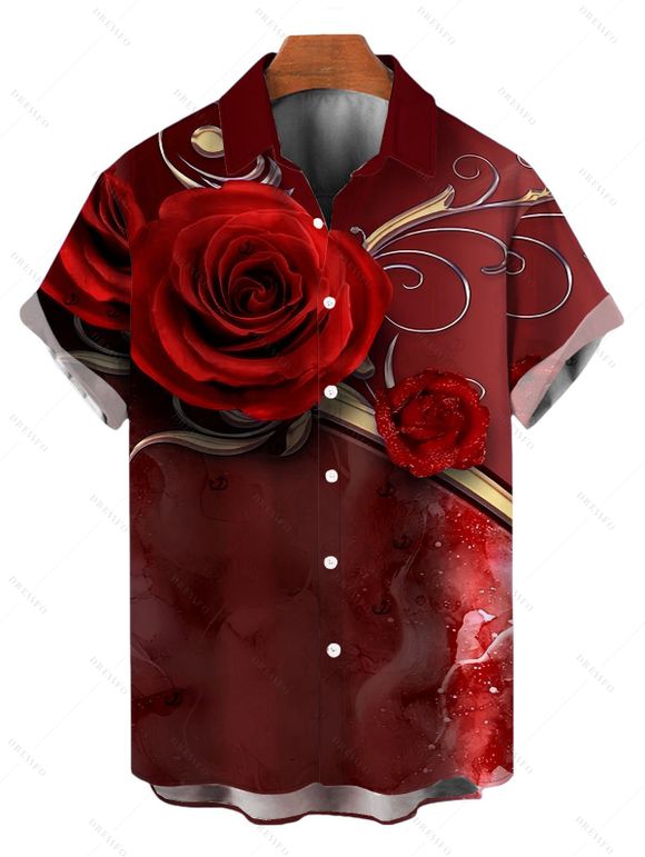 Vacation Couple Outfit Rose Floral Metallic Gold Scroll Vine Print Spaghetti Strap Maxi Bodycon Dress and Shirt Set - Rouge Vineux S | US 4