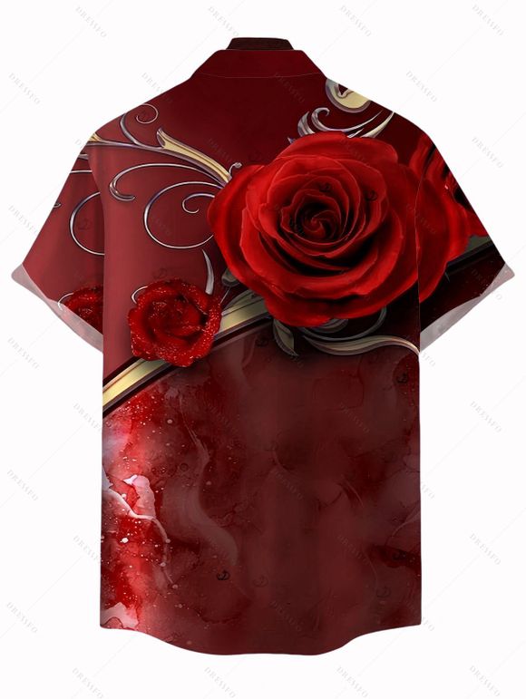 Vacation Couple Outfit Rose Floral Metallic Gold Scroll Vine Print Spaghetti Strap Maxi Bodycon Dress and Shirt Set - Rouge Vineux S | US 4