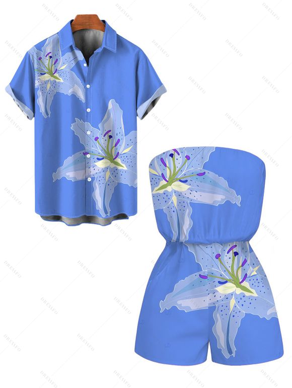 Vacation Couple Outfit Lily Floral Print Pocket Off the Shoulder Romper and Shirt Set - Pers S | US 4