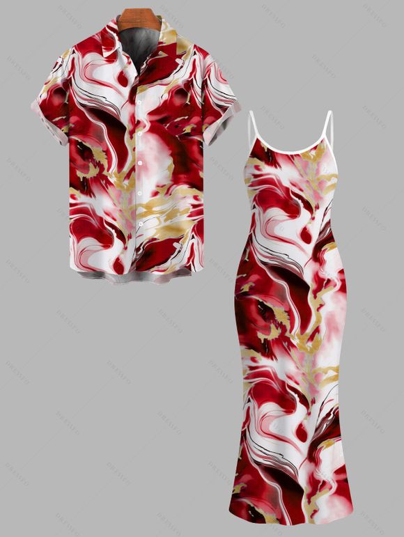 Vacation Couple Outfit Marble Fluid Swirl Tie Dye Print Bodycon Mermaid Maxi Dress and Shirt Set - Rouge Vineux S | US 4