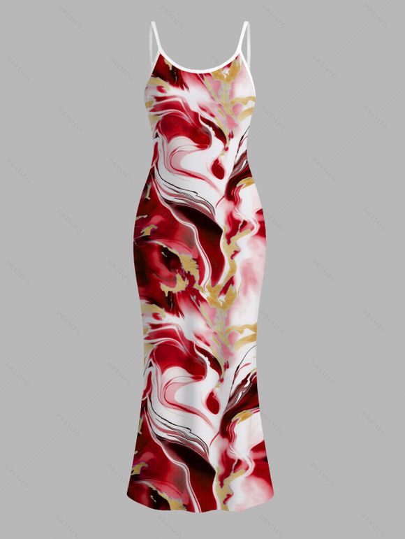 Vacation Couple Outfit Marble Fluid Swirl Tie Dye Print Bodycon Mermaid Maxi Dress and Shirt Set - Rouge Vineux S | US 4