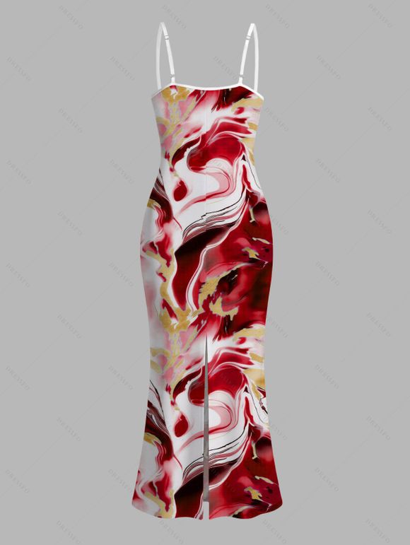Vacation Couple Outfit Marble Fluid Swirl Tie Dye Print Bodycon Mermaid Maxi Dress and Shirt Set - Rouge Vineux S | US 4