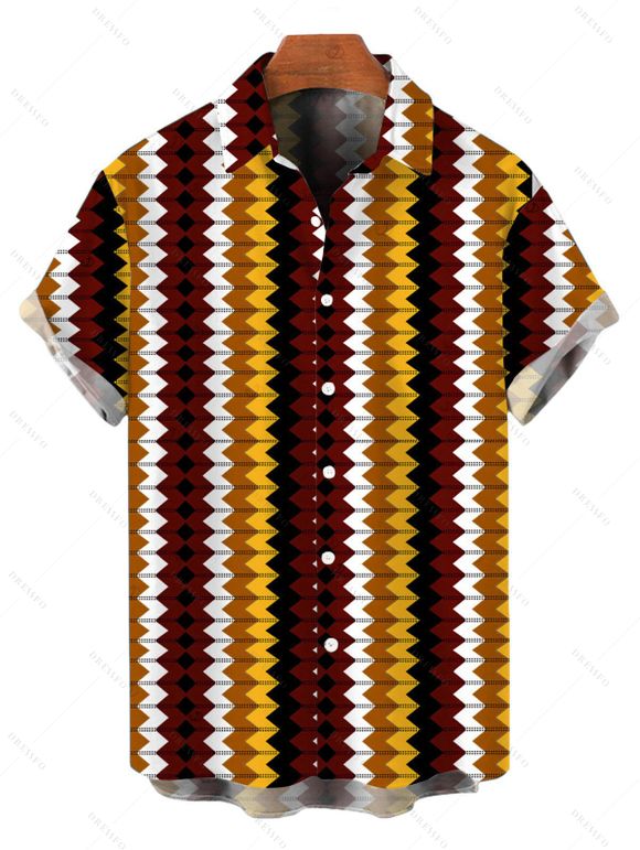 Hawaiian Vacation Couple Outfit Colorblock Zig Zag Print Bodycon Mermaid Maxi Dress and Shirt Set - Rouge Vineux S | US 4