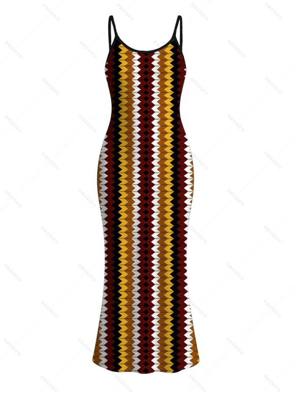Hawaiian Vacation Couple Outfit Colorblock Zig Zag Print Bodycon Mermaid Maxi Dress and Shirt Set - Rouge Vineux S | US 4