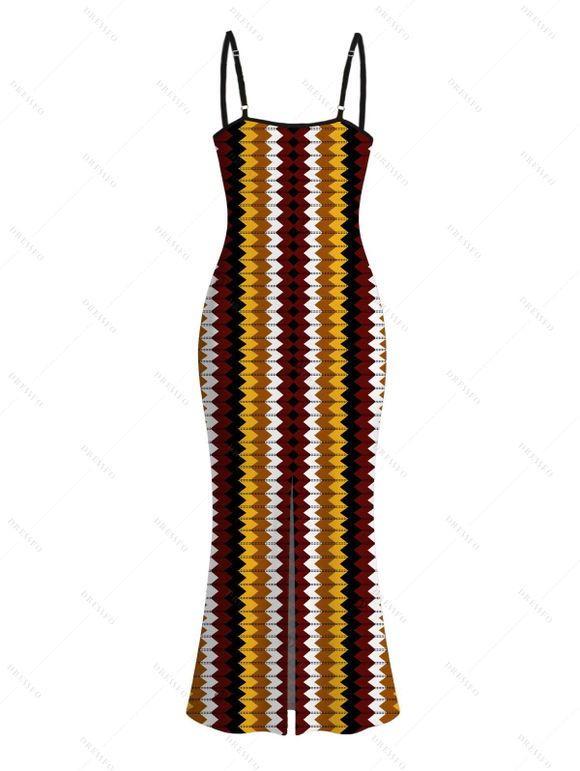 Hawaiian Vacation Couple Outfit Colorblock Zig Zag Print Bodycon Mermaid Maxi Dress and Shirt Set - Rouge Vineux S | US 4