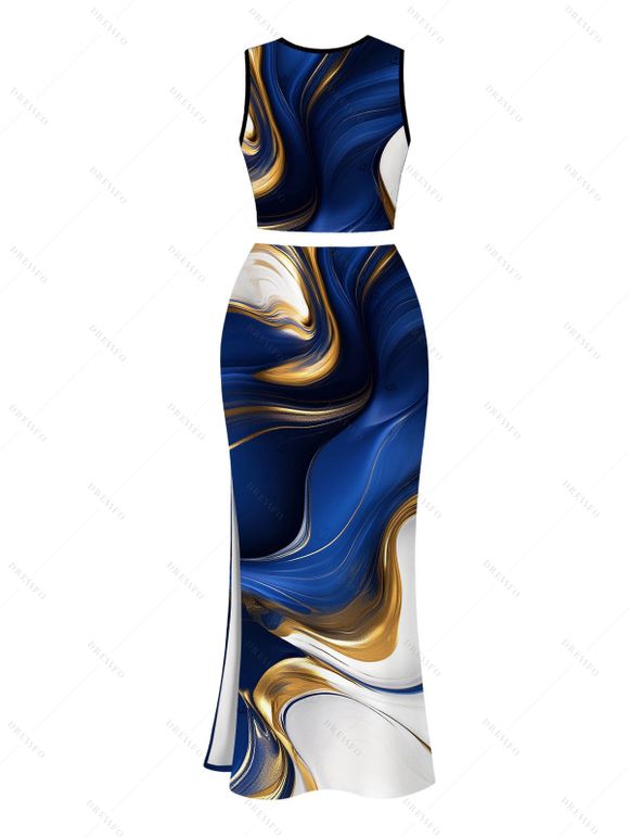 Vacation Women Outfit Metallic Gold Fluid Marble Print Cropped Tank Top and Bodycon Slit Skirt Set - Bleu profond XXL | US 14