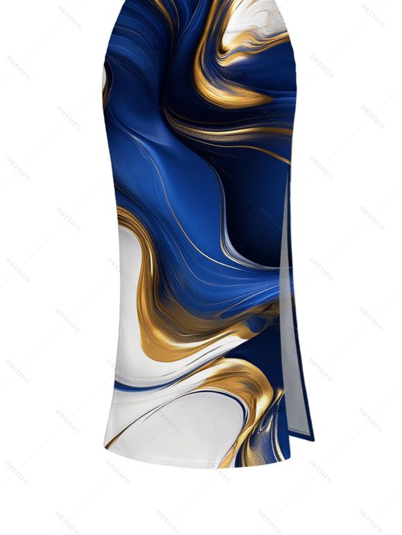 Vacation Women Outfit Metallic Gold Fluid Marble Print Cropped Tank Top and Bodycon Slit Skirt Set - Bleu profond XXL | US 14