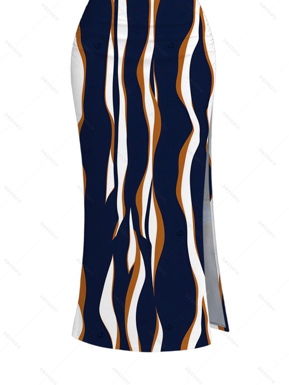 Vintage Women Outfit Vertical Wave Stripe Print Cropped Tank Top and Slit Bodycon Skirt Set - Bleu de Minuit XXL | US 14