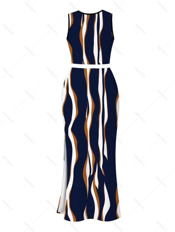 Vintage Women Outfit Vertical Wave Stripe Print Cropped Tank Top and Slit Bodycon Skirt Set - Bleu de Minuit XXL | US 14