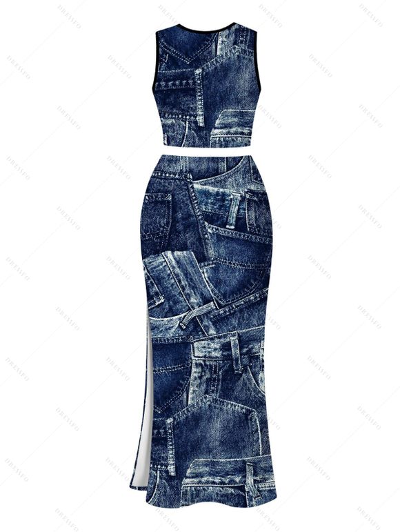 Casual Women Outfit Vintage Faux Denim Print Tank Top and Slit Bodycon Skirt Set - Bleu profond XXL | US 14
