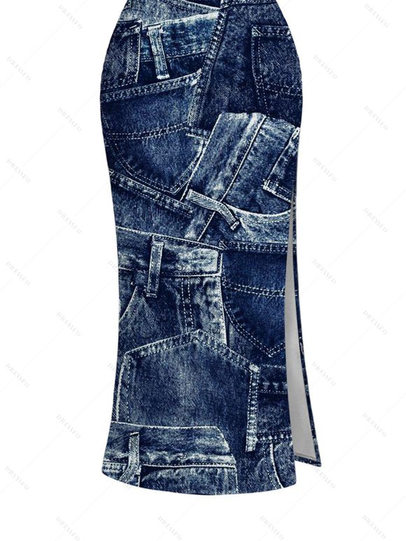 Casual Women Outfit Vintage Faux Denim Print Tank Top and Slit Bodycon Skirt Set - Bleu profond XXL | US 14