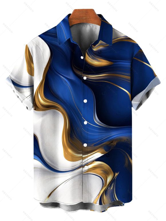 Vacation Couple Outfit Metallic Gold Fluid Marble Print Cropped Tank Top Bodycon Slit Skirt Set and Shirt Set - Bleu profond S | US 4