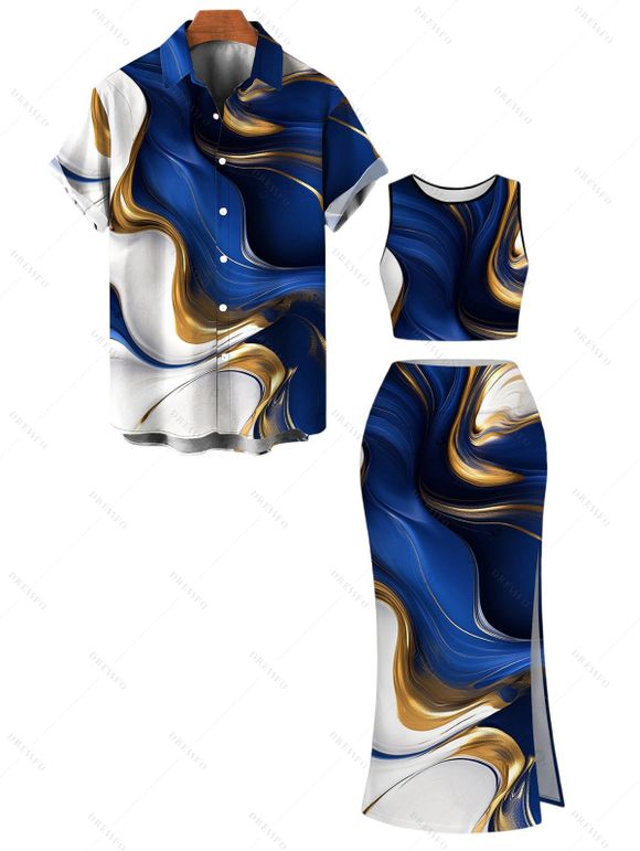 Vacation Couple Outfit Metallic Gold Fluid Marble Print Cropped Tank Top Bodycon Slit Skirt Set and Shirt Set - Bleu profond S | US 4