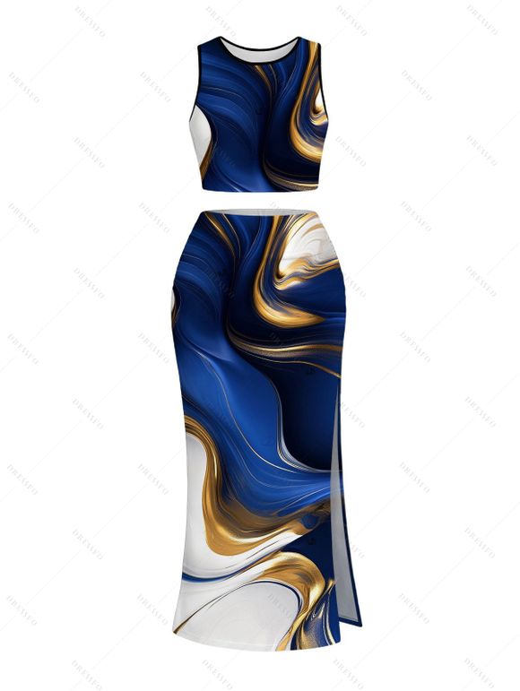 Vacation Couple Outfit Metallic Gold Fluid Marble Print Cropped Tank Top Bodycon Slit Skirt Set and Shirt Set - Bleu profond S | US 4