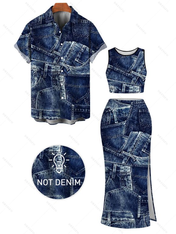 Casual Couple Outfit Vintage Faux Denim Print Tank Top Slit Bodycon Skirt and Shirt Set - Bleu profond S | US 4