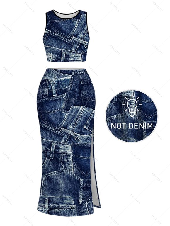 Casual Couple Outfit Vintage Faux Denim Print Tank Top Slit Bodycon Skirt and Shirt Set - Bleu profond S | US 4
