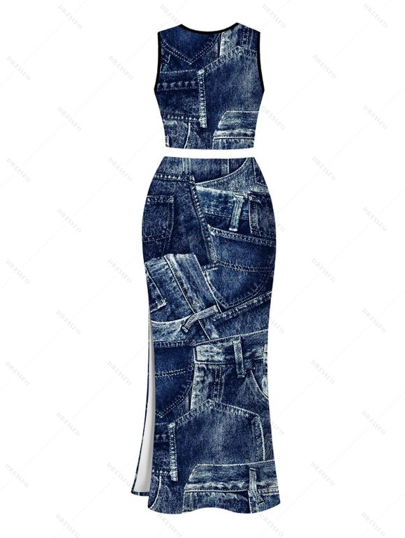 Casual Couple Outfit Vintage Faux Denim Print Tank Top Slit Bodycon Skirt and Shirt Set - Bleu profond S | US 4