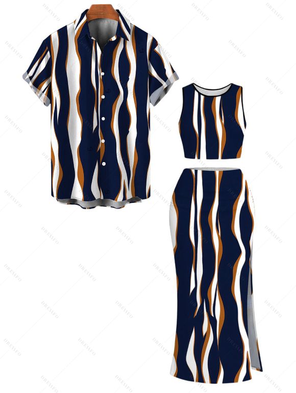 Vintage Couple Outfit Vertical Wave Stripe Print Cropped Tank Top Slit Bodycon Skirt and Shirt Set - Bleu de Minuit S | US 4