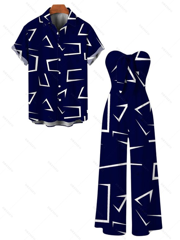 Vacation Couple Outfit Geometric Line Print Bowknot Pocket Off the Shoulder Jumpsuit and Shirt Set - Bleu profond S | US 4