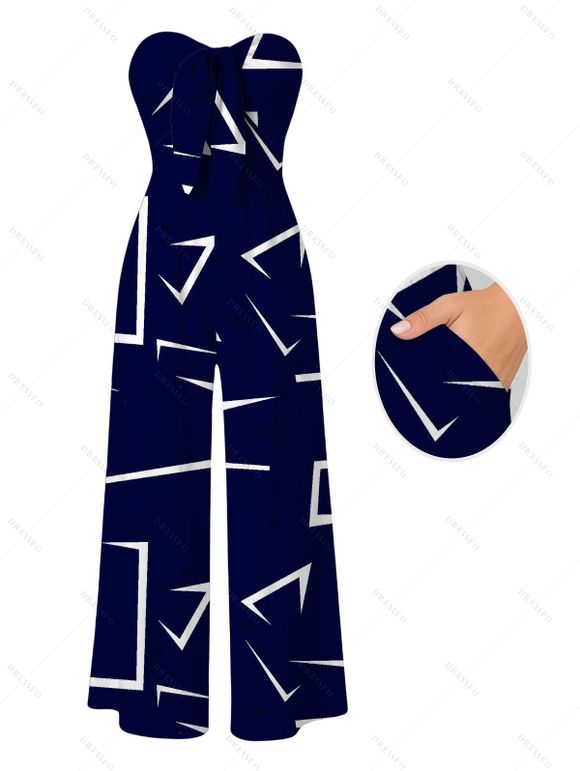 Vacation Couple Outfit Geometric Line Print Bowknot Pocket Off the Shoulder Jumpsuit and Shirt Set - Bleu profond S | US 4